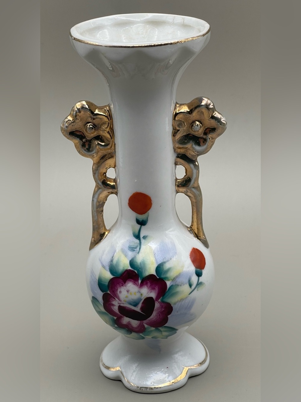 Vintage Hand Painted Porcelain Bud Vase Gold Double Handles Made in Japan